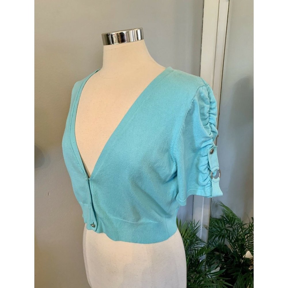 Vintage Y2K cropped Cardigan Sweater Aqua blue Size L kawaii